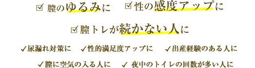 ★膣トレが続かない人に、★膣のゆるみに、★性の感度アップに、★尿漏れ対策に、★出産経験のある人に、★性的満足度アップに、★膣に空気の入る人に、★夜中のトイレの回数が多い人に、